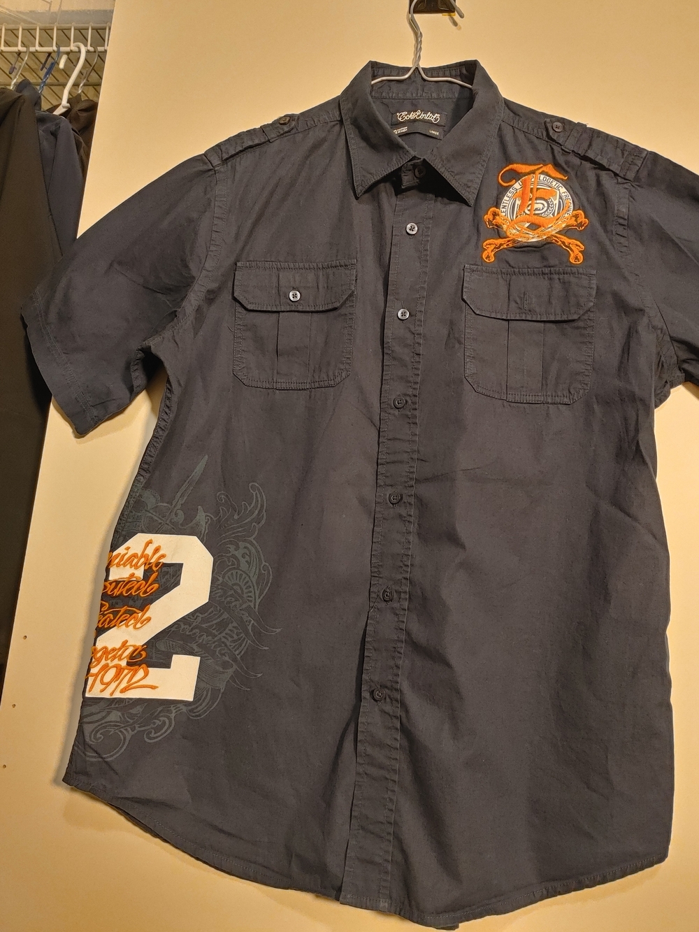Ecko Unlimited Navy Short-Sleeve Button-Down Shirt with Orange Crest